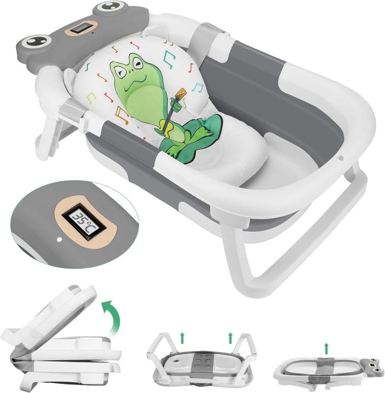 Baignoire Bébé Pliable Avec Capteur De Température Numérique - Support Ergonomique, Drainage Rapide, Vert (avec Tapis)