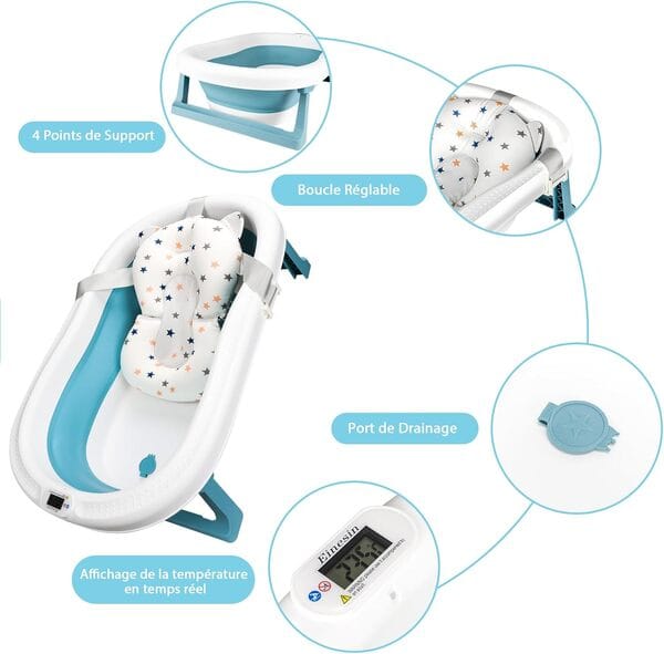 Einesin XXL Baignoire Pliable Bébé avec Thermomètre à eau, Coussin, Rince Tete Bebe, Baignoire Bebe, baignoire bebe pliable pour les bébés de 0 à 6 ans, 83 X 50 X 21 cm (Bleu)