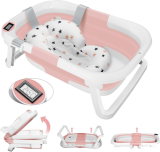 Test : baignoire bébé pliable rose avec thermomètre intégré