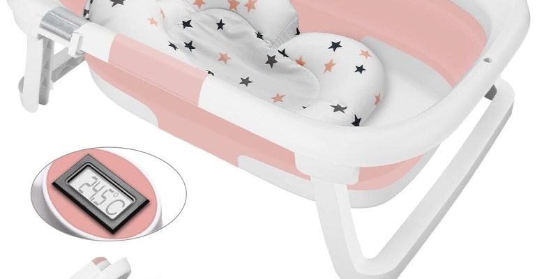 Test : baignoire bébé pliable rose avec thermomètre intégré